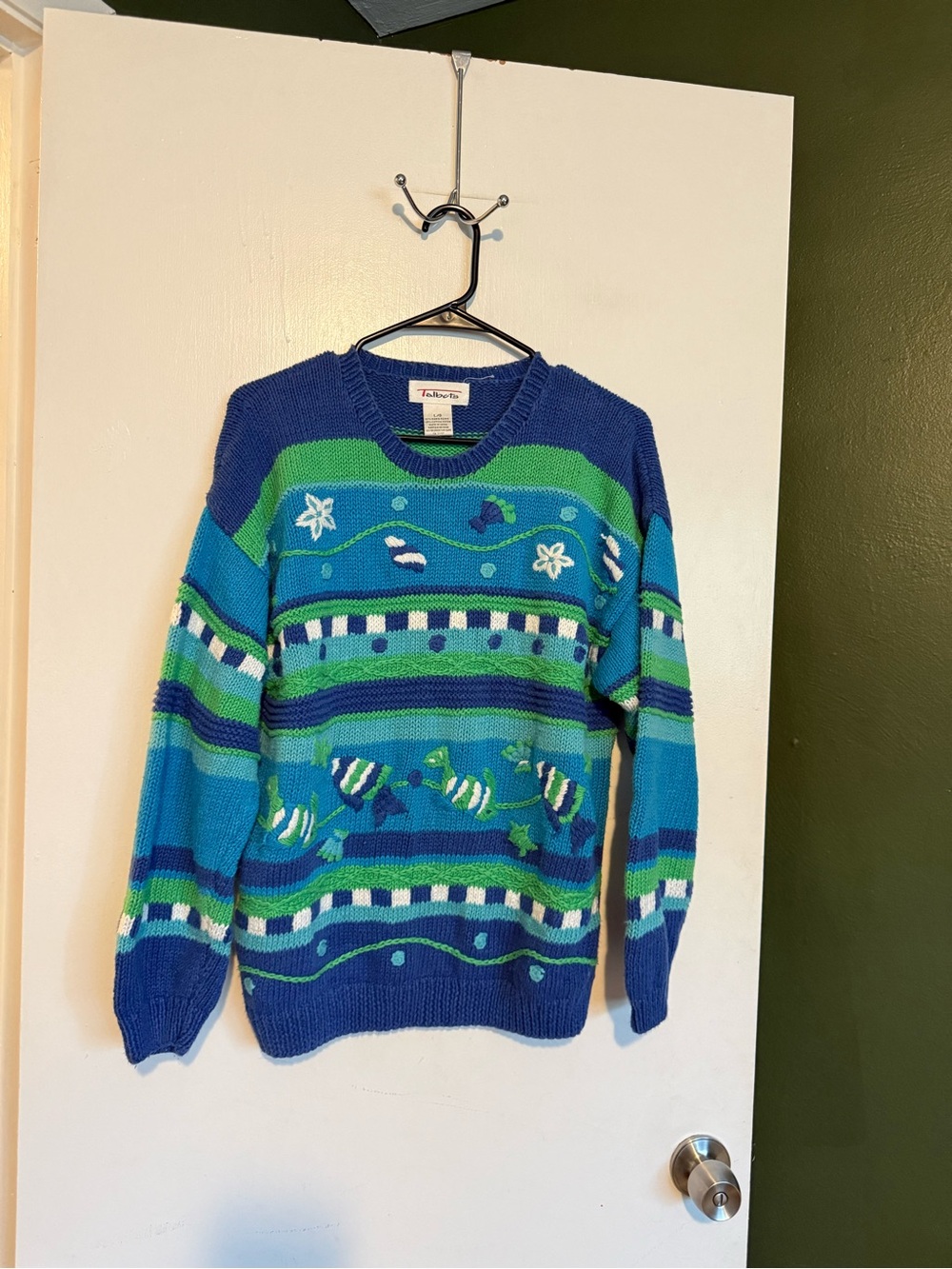 Vintage Talbots blue green striped cotton ramie striped fish embroidered sweater
